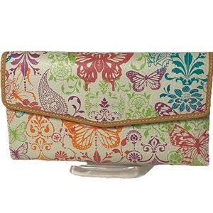 Fossil Calypso Trifold Long Multicolored Leather Wallet Paisley Butterfly Design